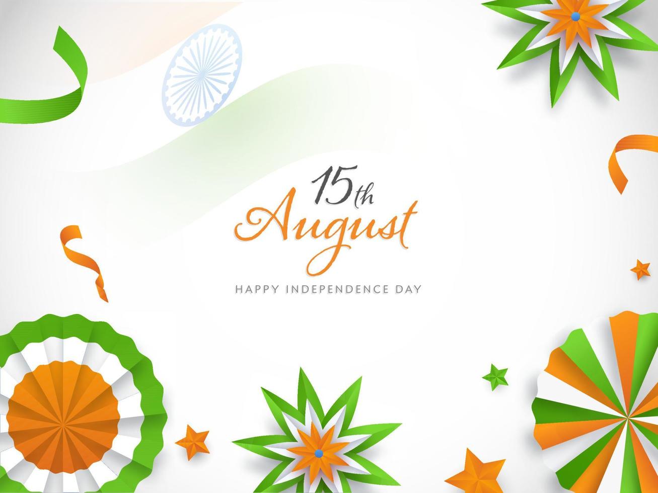 15:e augusti font med indisk tricolor papper bricka, blommor och stjärnor dekorerad på vit bakgrund för Lycklig oberoende dag. vektor