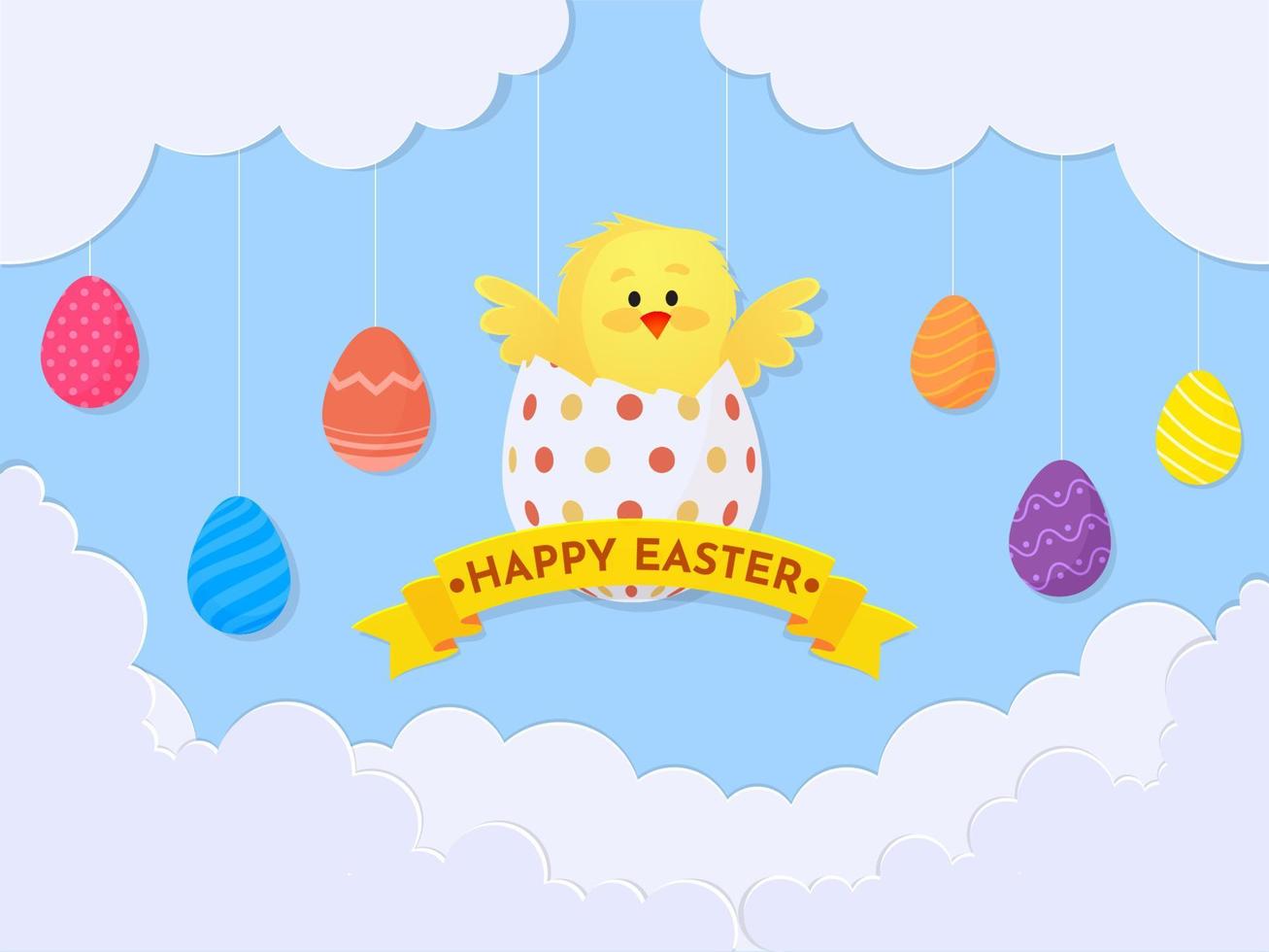 Blau Papier Schnitt Wolken Hintergrund dekoriert mit hängend gedruckt Eier und süß Küken im Ei zum glücklich Ostern Feier Konzept. vektor