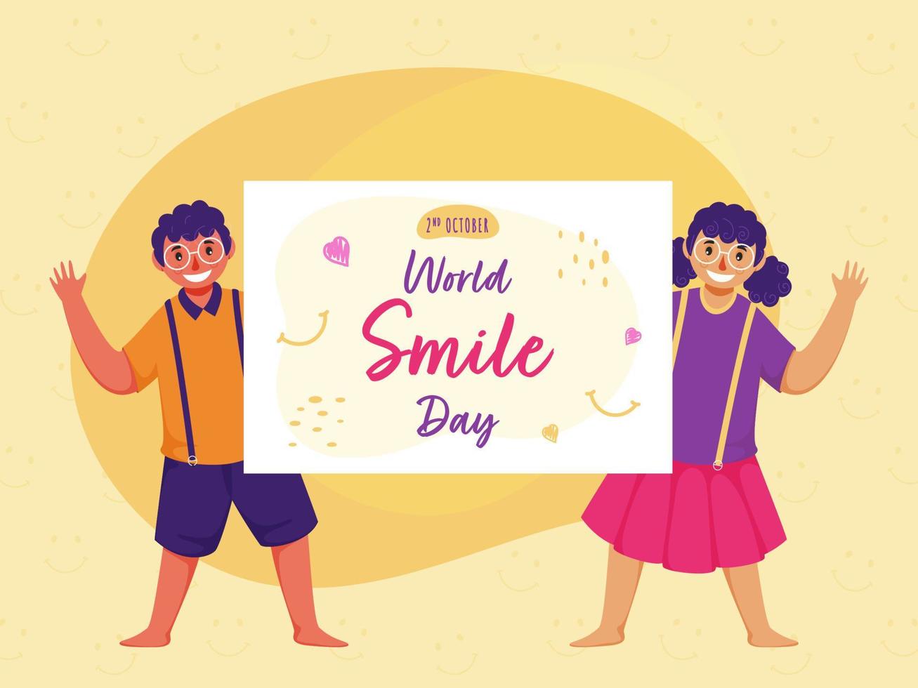 glad pojke och flicka innehav en meddelande papper av värld leende dag på gul smiley ansikte mönster bakgrund. vektor