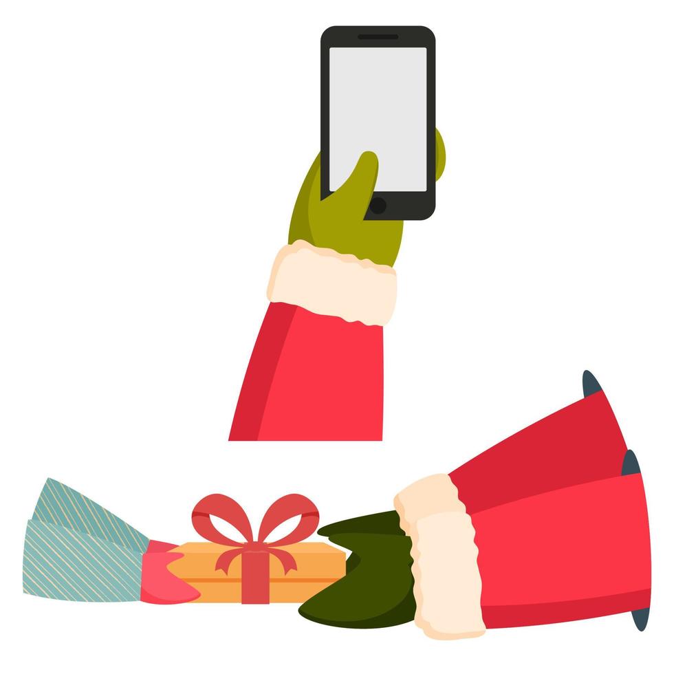 Illustration von Santa geben Geschenk zu ein Person und Hand halten Smartphone auf Weiß Hintergrund. vektor