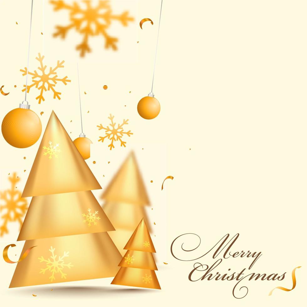 glad jul font med gyllene xmas träd, snöflingor, hängande grannlåt och konfetti dekorerad på ljus gul bakgrund. vektor