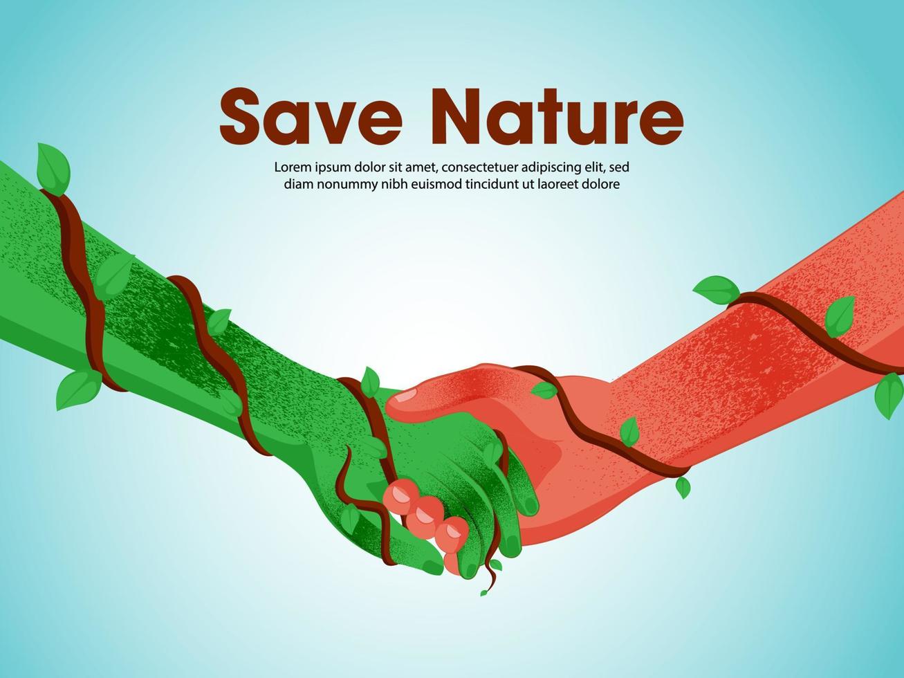 illustration av handskakning mellan mänsklig och grön hand på glansig himmel blå bakgrund för spara natur begrepp. vektor