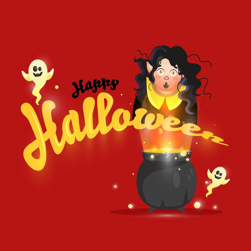 Lycklig halloween font med tecknad serie spöken, häxa karaktär och kittel trolldryck på röd bakgrund. vektor