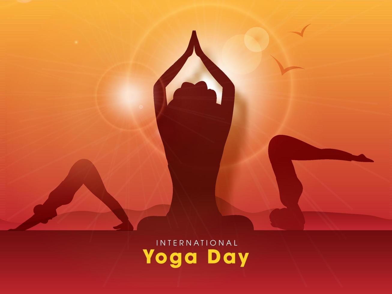 silhuett kvinna praktiserande yoga asanas på solsken lutning orange bakgrund för internationell yoga dag. vektor