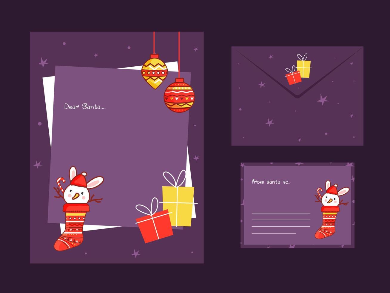 sehr geehrter Santa Brief oder wünsche Karte Vorlage Layout mit doppelseitig Briefumschlag Geschenk auf lila Hintergrund. vektor