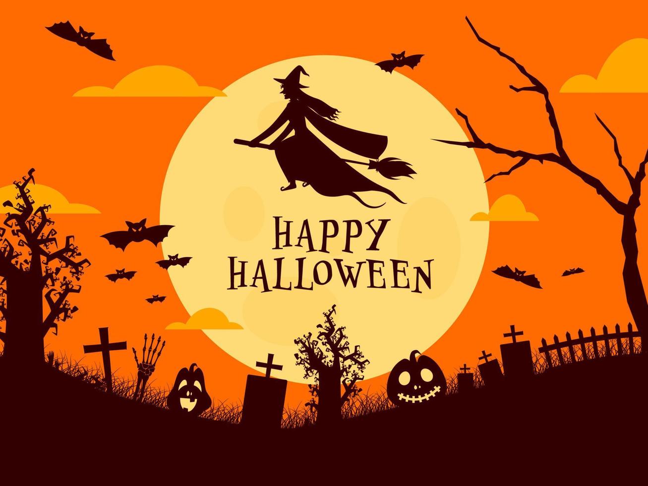 voll Mond Friedhof Hintergrund mit Hexe fliegend auf Besen, Fledermäuse, Skelett Hand und gespenstisch Kürbisse zum glücklich Halloween Feier. vektor