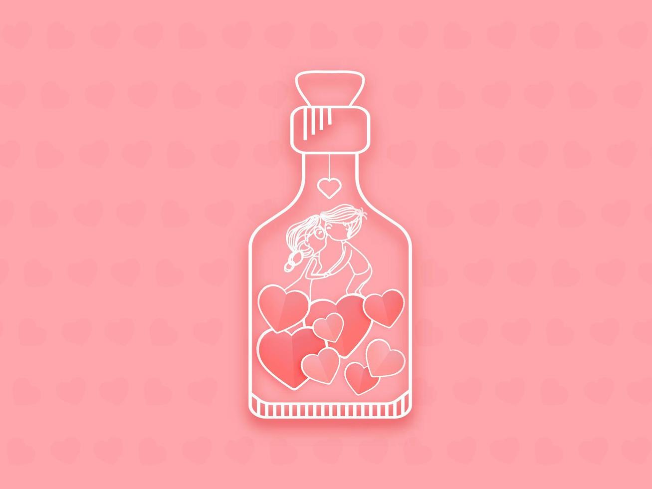 Papier Schnitt Stil küssen Paar mit Herzen im Glas Flasche auf Rosa Herz Muster Hintergrund. vektor