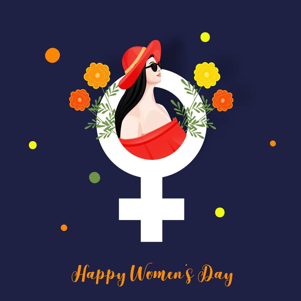 schön modern jung Mädchen mit Venus Zeichen und Blumen auf Blau Hintergrund zum glücklich Damen Tag Feier Konzept. vektor