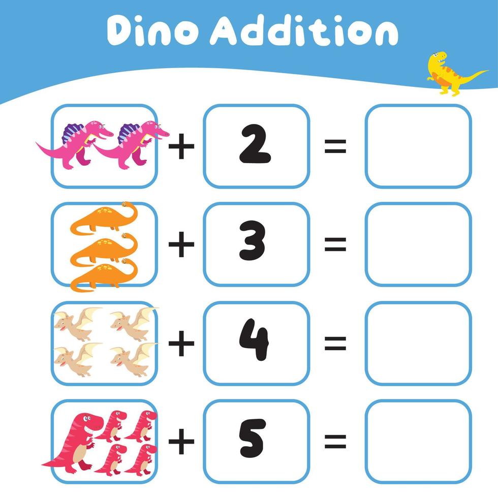 Dinosaurier Thema Mathematik Spiel Arbeitsblatt. mathematisch Aktivität zum Kinder. lehrreich druckbar Mathematik Blatt. Vektor Datei.