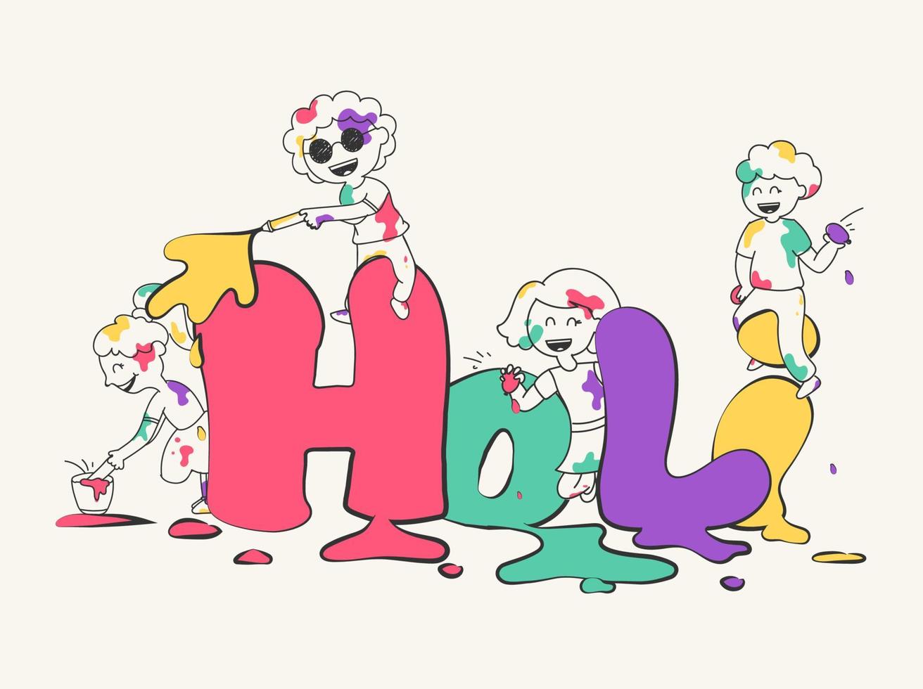 kreativ färgrik holi text med glad barn njuter och spelar färger på vit bakgrund. vektor