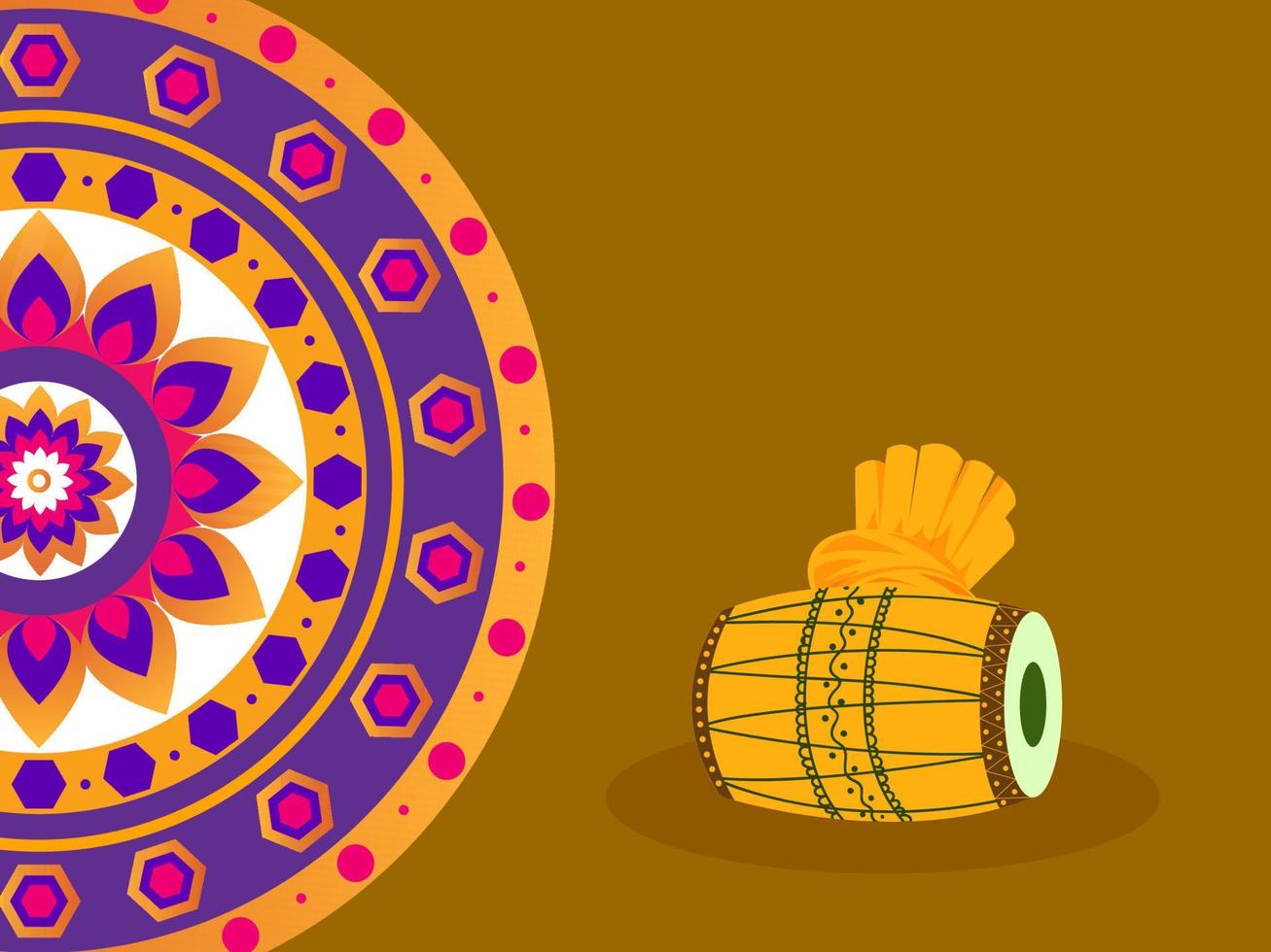 illustration av dhol instrument med turban och rangoli eller mandala mönster på brun bakgrund. vektor