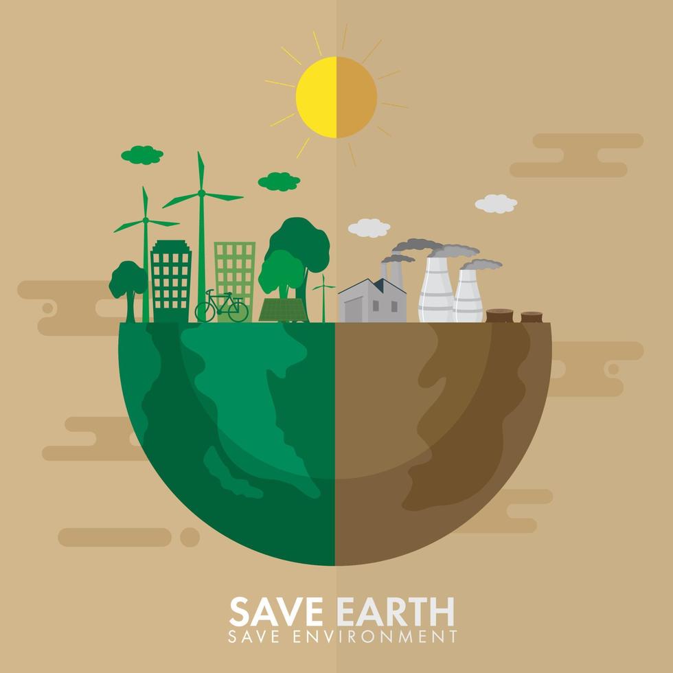 Hälfte Erde von Grün oder Öko und Verschmutzung Stadt zum speichern Umgebung Konzept. vektor