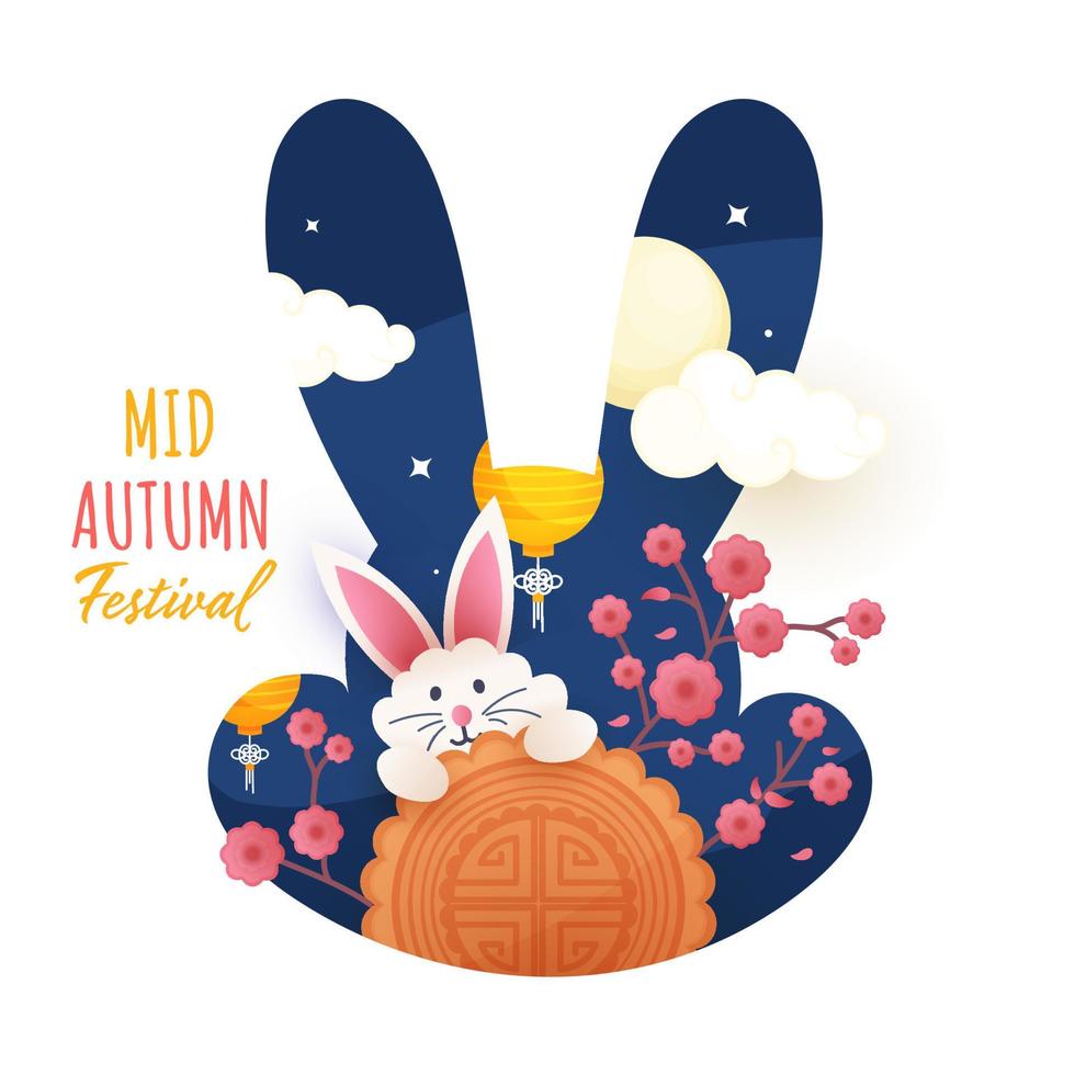 Mitte Herbst Festival Schriftart mit Karikatur Hase halten Mondkuchen, Sakura Blume Ast und hängend Chinesisch Laternen auf voll Mond Papier Schnitt Hintergrund. vektor