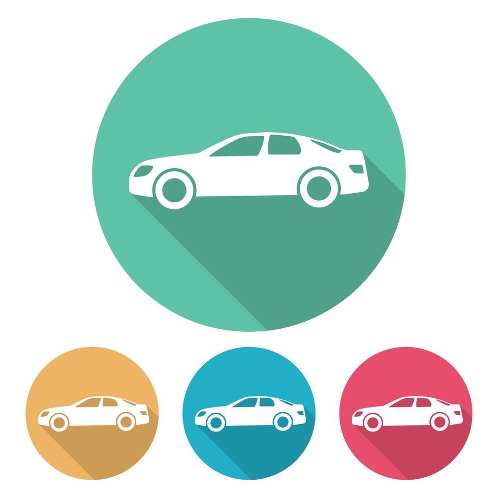 uppsättning av fyra platt stil bilar i mång färgad cirklar med skugga. vektor illustration