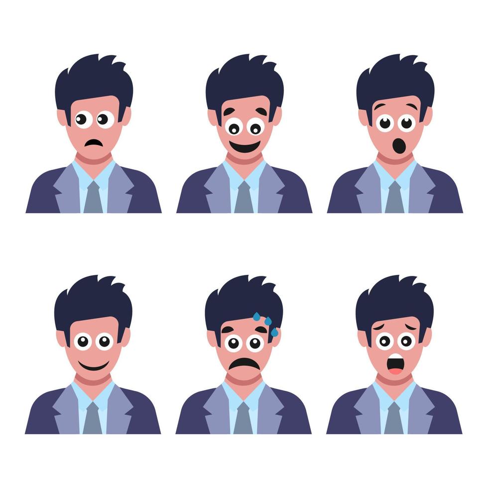 uppsättning av sex män med annorlunda ansiktsbehandling känslor. mänsklig ansikte med emoji karaktär. vektor illustration