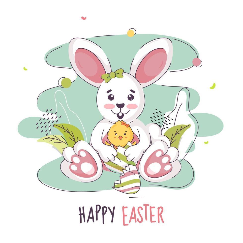 tecknad serie rolig kanin innehav brud fågel i bruten ägg på abstrakt bakgrund för Lycklig påsk firande. vektor