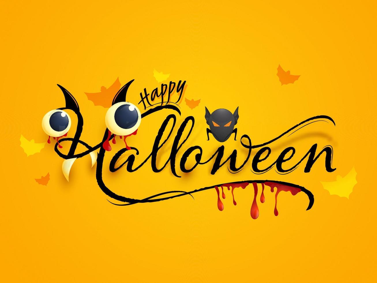 Lycklig halloween font med ögonglober, tänder, blod droppa och fladdermöss på gul bakgrund. vektor