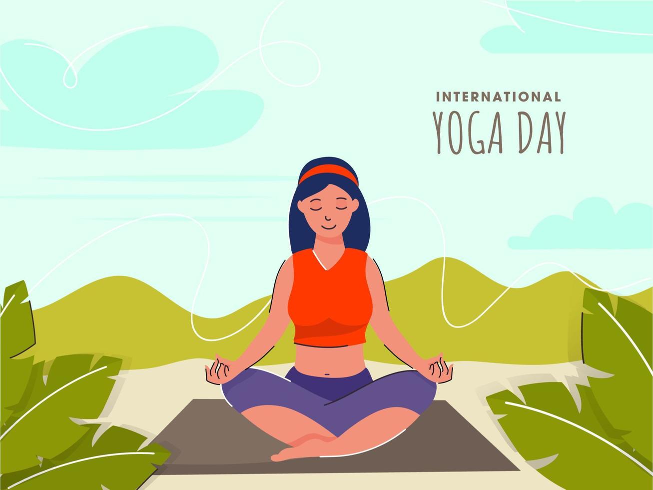 ung flicka mediterar i lotus utgör på natur bakgrund för internationell yoga dag. vektor