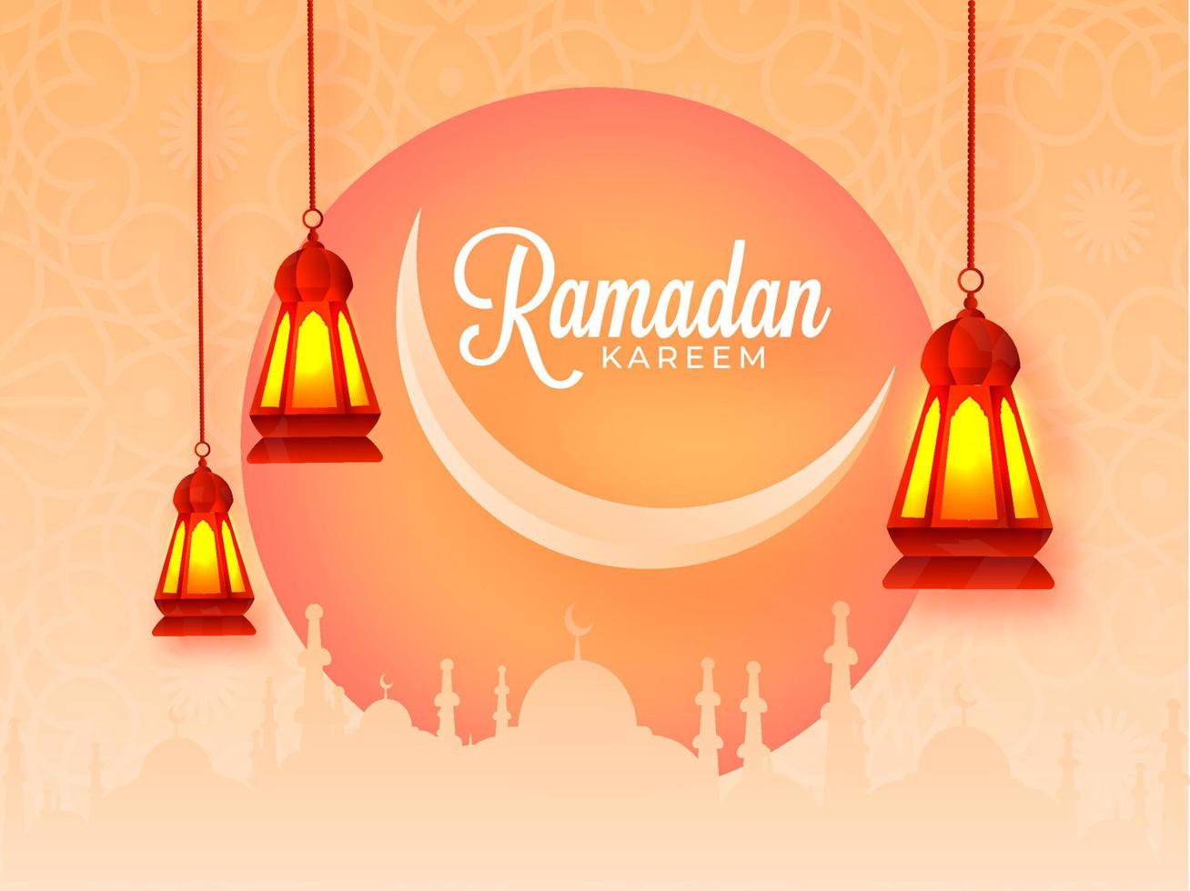 Ramadan kareem Feier Konzept mit Halbmond Mond, Silhouette Moschee und hängend beleuchtet Laternen auf Licht Orange Arabisch Muster Hintergrund. vektor