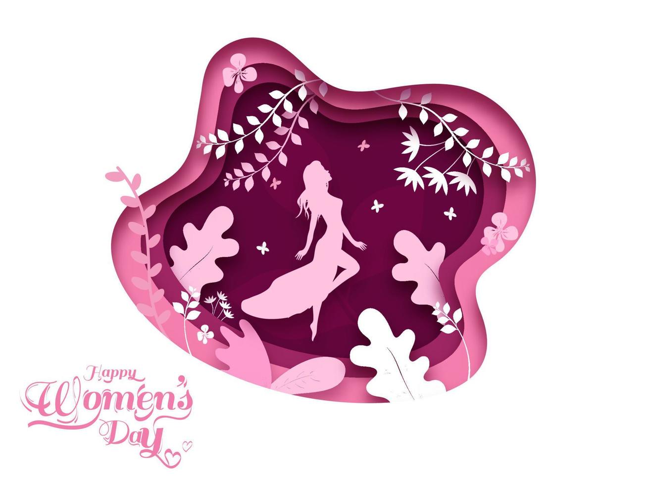 papper lager skära affisch design dekorerad med blommig och silhuett kvinna för Lycklig kvinnors dag begrepp. vektor