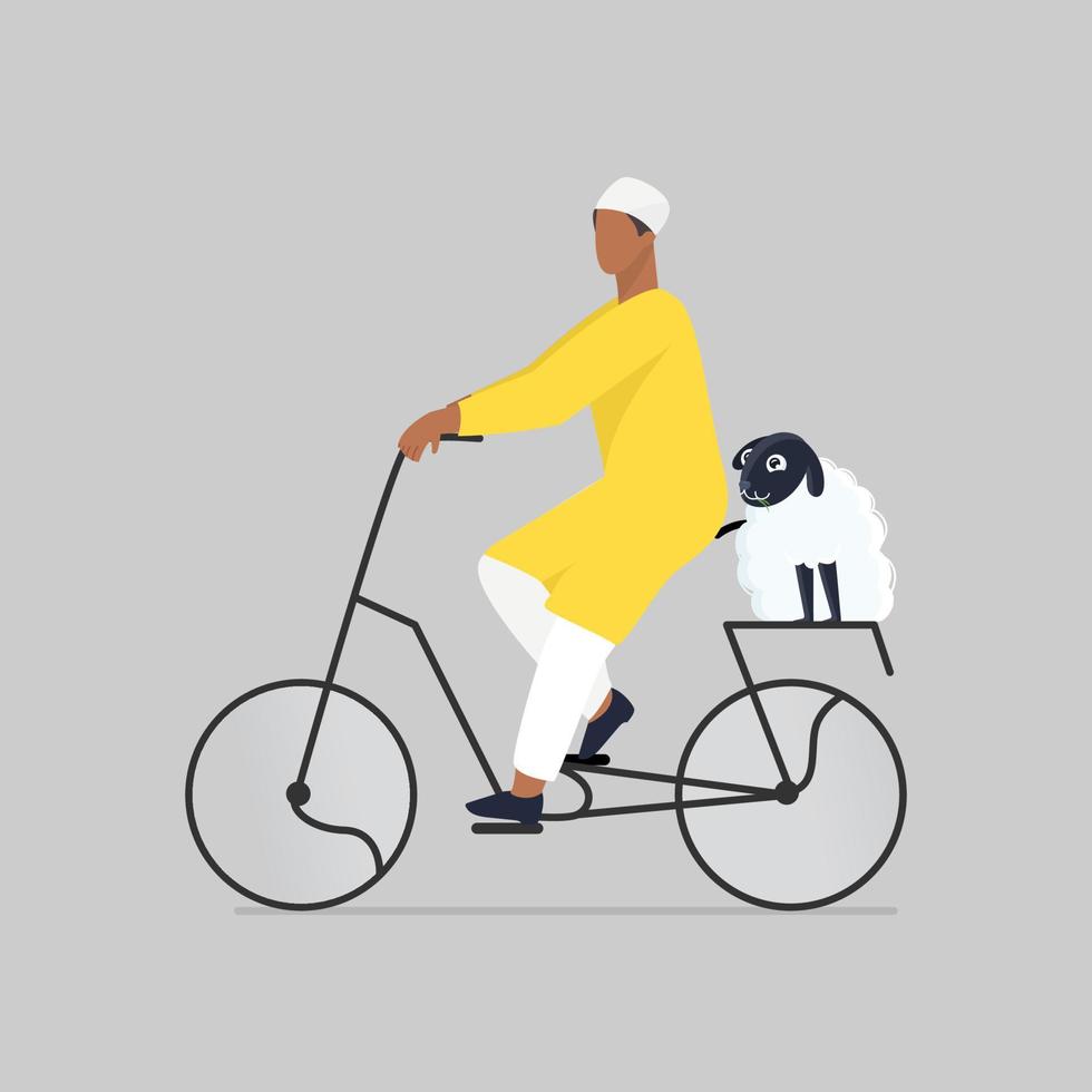 ansiktslös muslim ung pojke ridning cykel med en tecknad serie får på grå bakgrund. vektor