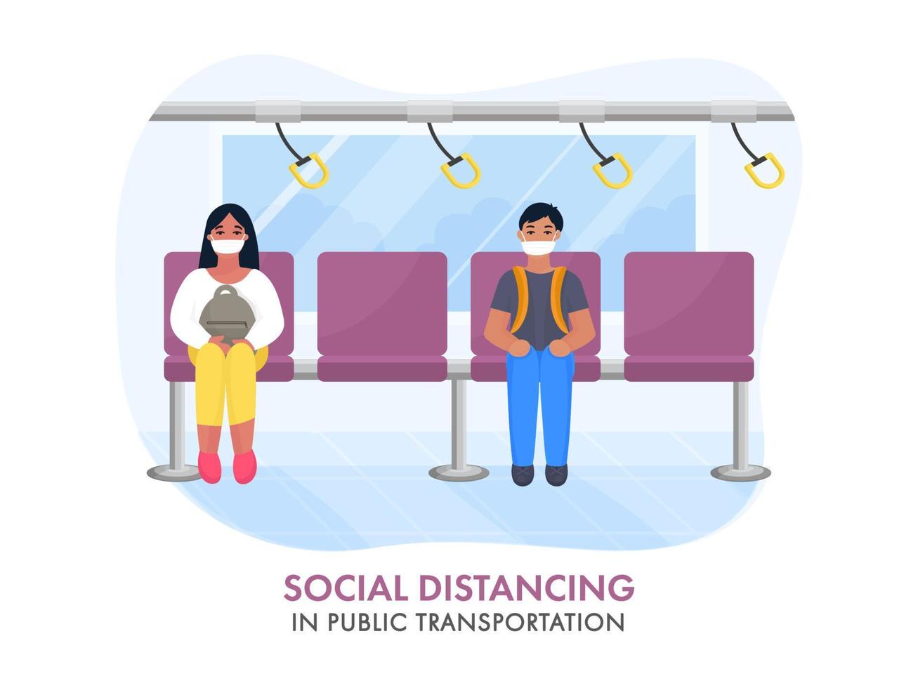 Sozial Entfernung im Öffentlichkeit Transport Konzept basierend Design mit Illustration von Menschen tragen medizinisch Masken beim Zug während COVID-19. vektor