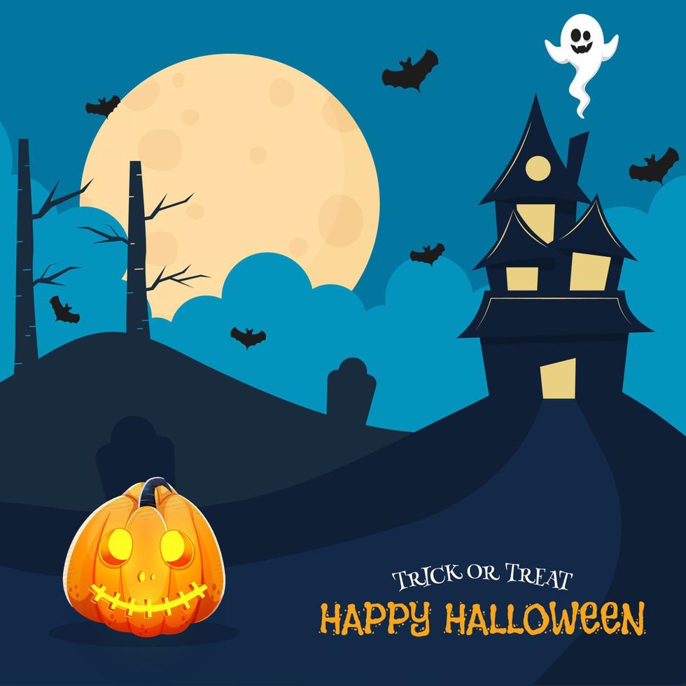 Lycklig halloween firande affisch design med besatt hus, tecknad serie spöke, flygande fladdermöss och Pumpalykta på full måne blå bakgrund. vektor