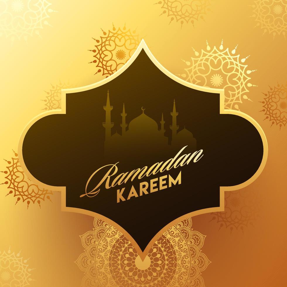 ramadan kareem font med silhuett moské i brun årgång ram på gyllene mandala mönster bakgrund. vektor