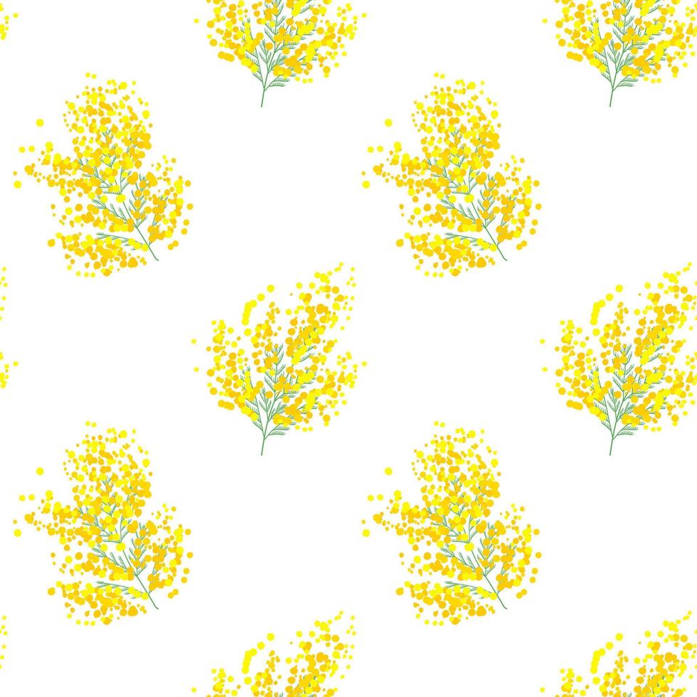 botanisk sömlös mönster med gul mimosa blommor och löv på vit bakgrund. vektor illustration för textil- skriva ut, tapet, omslag papper.