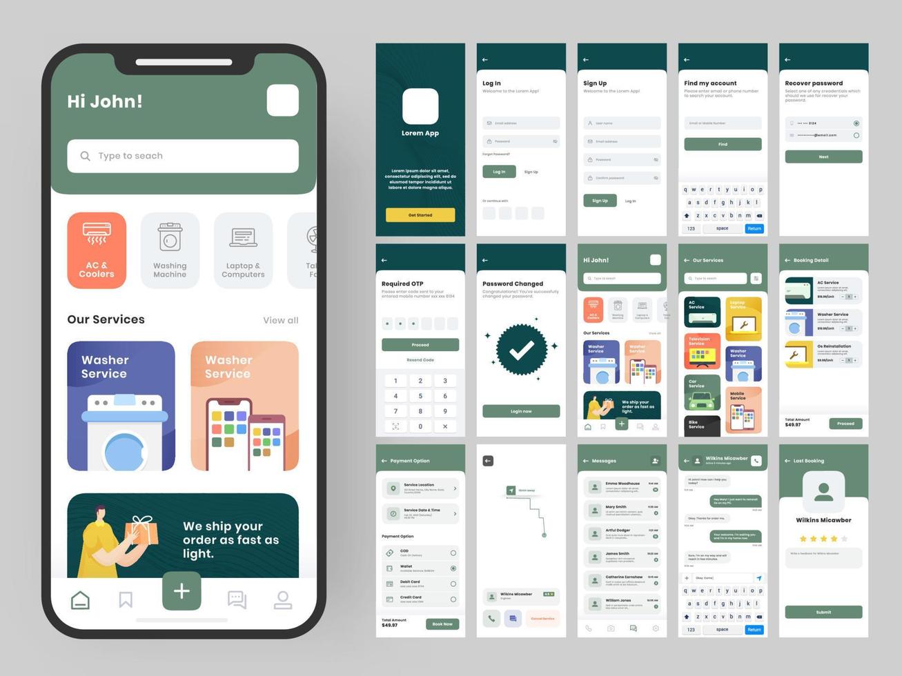 Handy, Mobiltelefon App ui Kit mit anders gui Layout einschließlich Log In, Zeichen hoch, erstellen Konto, technisch Artikel Detail, Lieferung Bedienung und Zahlung Bildschirme. vektor