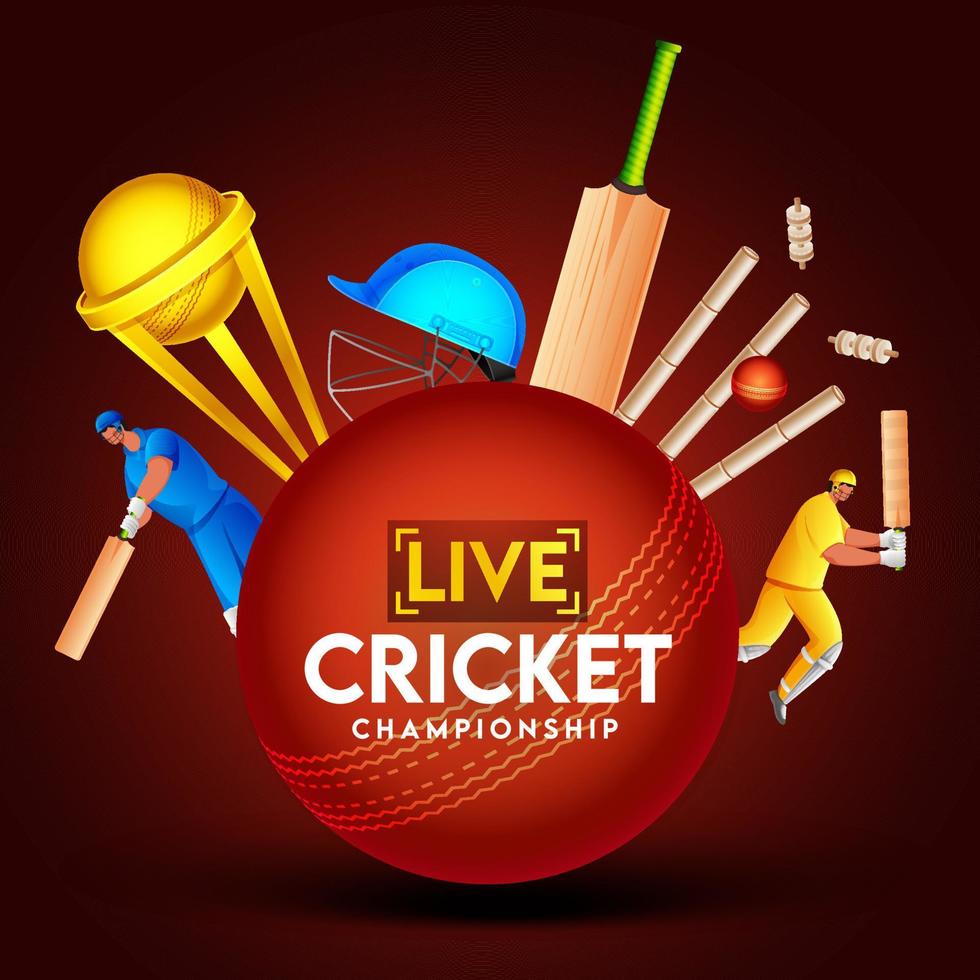 leva cricket mästerskap text på röd boll med två slagman karaktär i annorlunda klädsel och gyllene trofén kopp. vektor