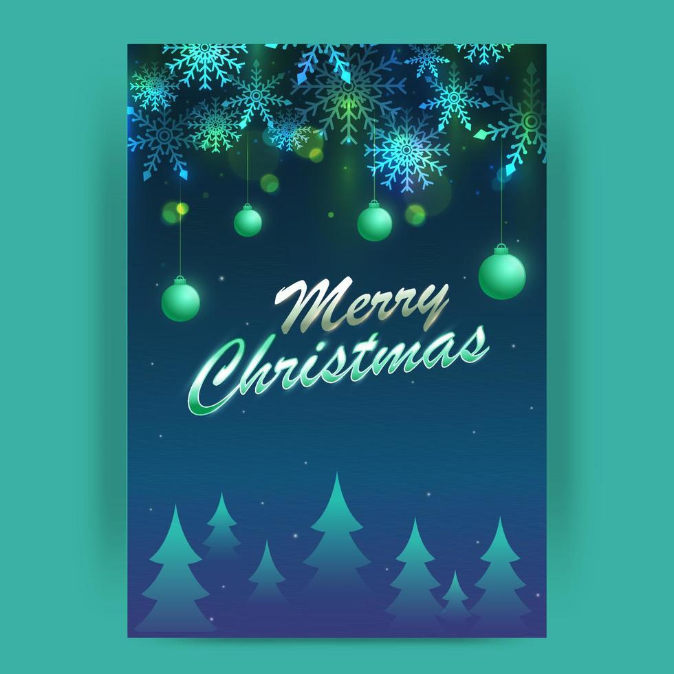 fröhlich Weihnachten Schriftart mit hängend Kugeln, Schneeflocken und Weihnachten Bäume dekoriert Blau Hintergrund. vektor