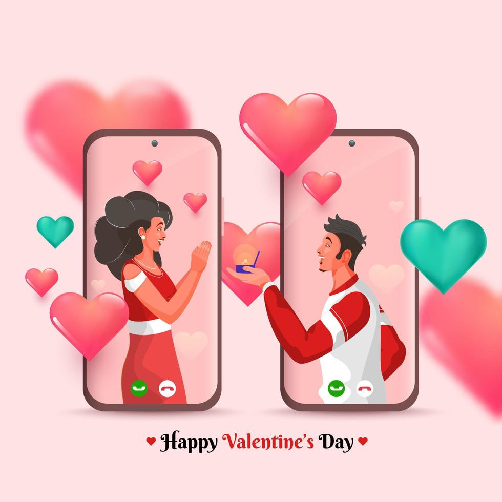 ung man förslags hans flickvän på video ring upp genom smartphone med glansig hjärtan för Lycklig hjärtans dag firande. vektor