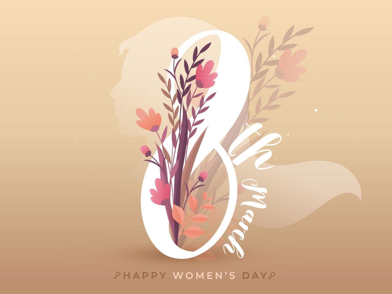 8:e Mars text dekorerad med blommor och löv på persika brun bakgrund för Lycklig kvinnors dag. vektor