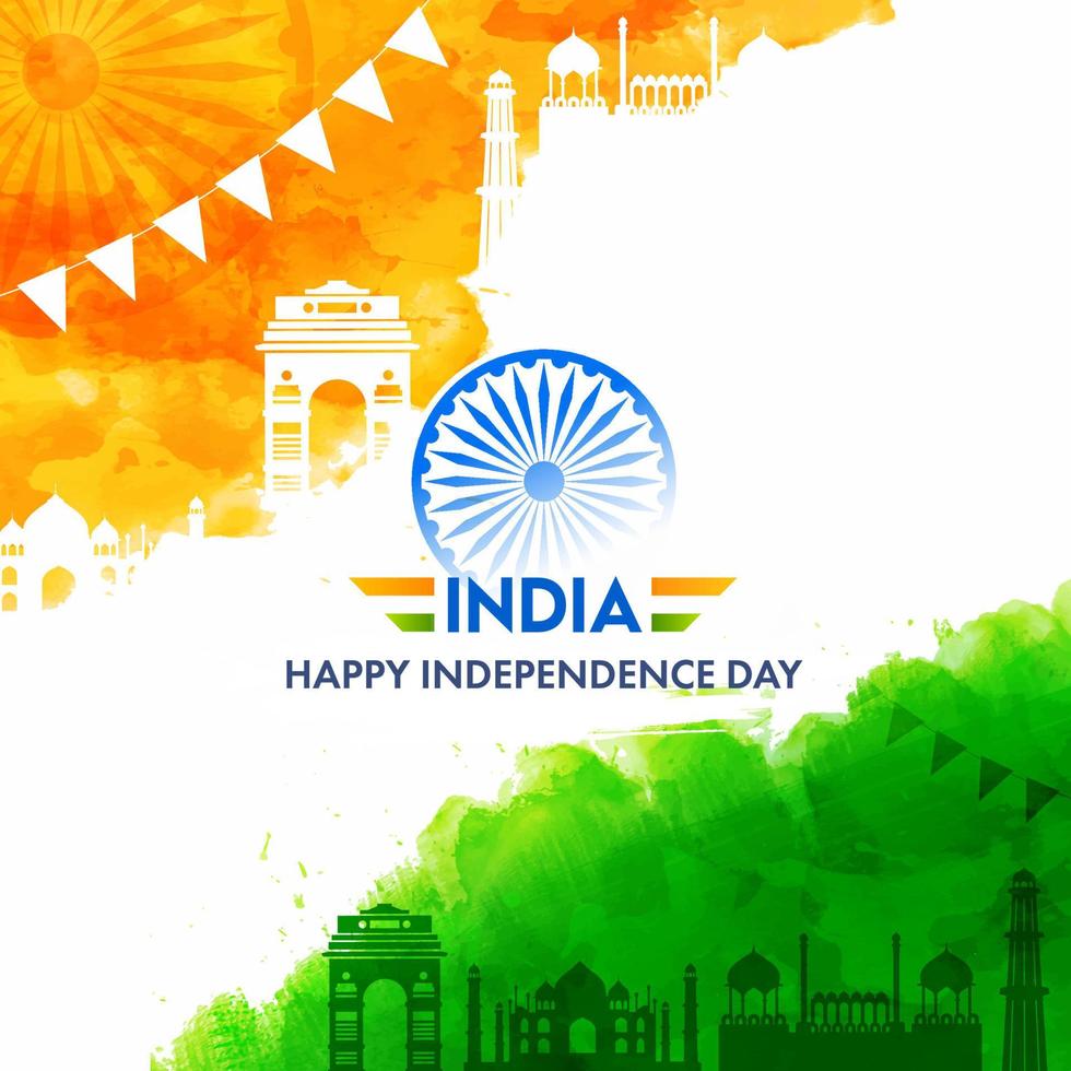 Indien Lycklig oberoende dag text med ashoka hjul, saffran och grön vattenfärg effekt känd monument på vit bakgrund. vektor