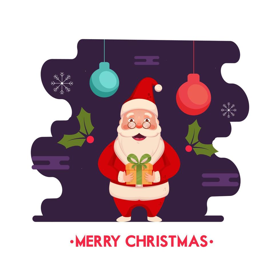 tecknad serie santa claus innehav gåva låda med järnek bär och hängande grannlåt på lila och vit bakgrund för glad jul firande. vektor
