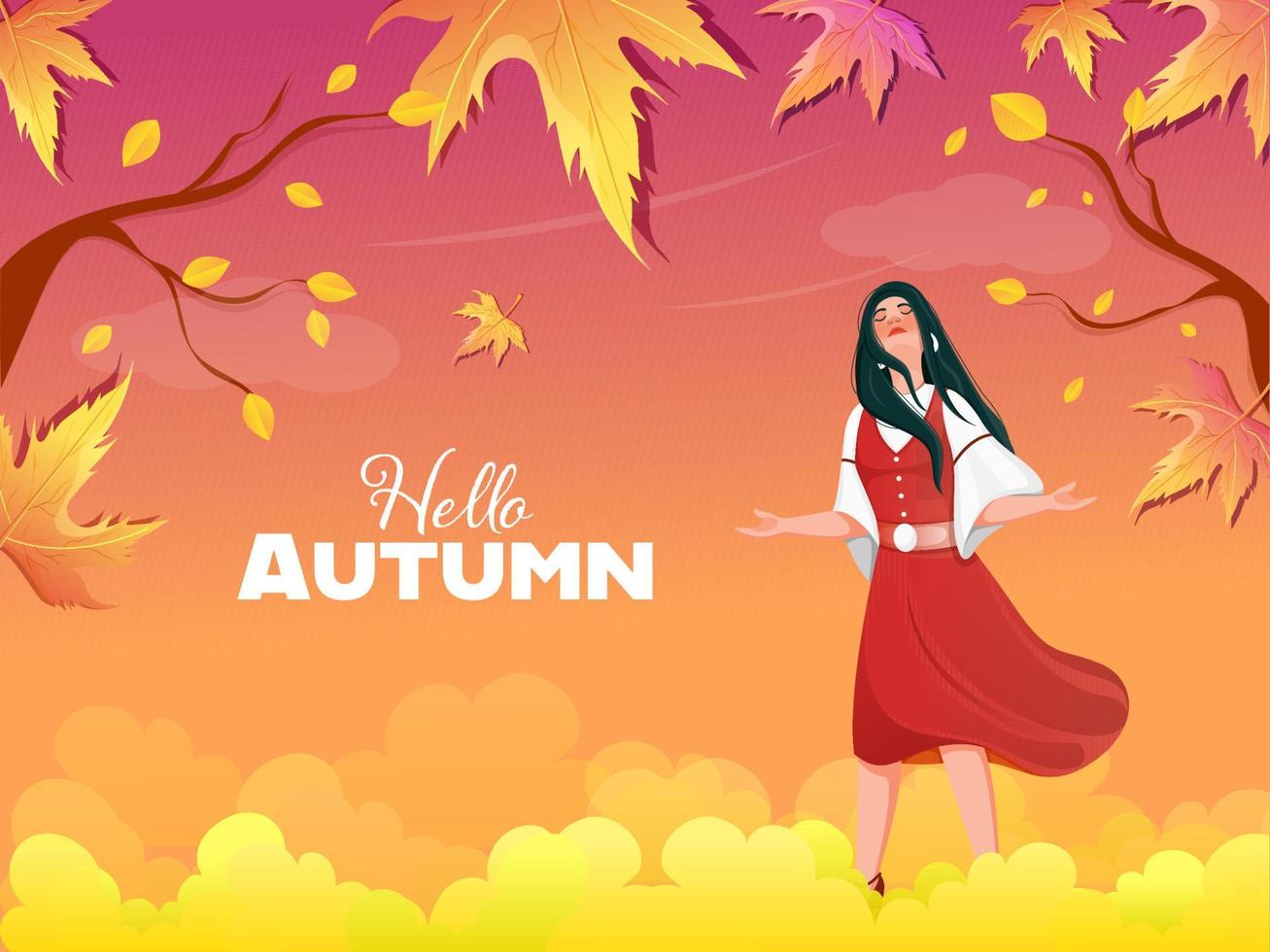Hallo Herbst Gradient Hintergrund mit schön jung Mädchen genießen. vektor