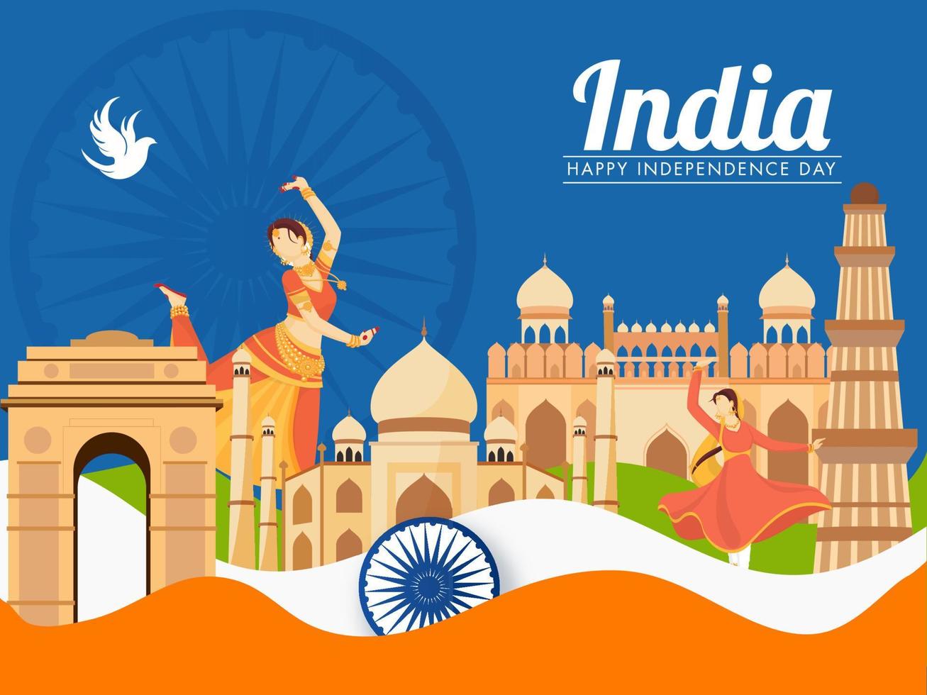 glücklich Unabhängigkeit Tag Konzept mit Indien berühmt Monumente und weiblich klassisch tanzen auf indisch Flagge Hintergrund. vektor