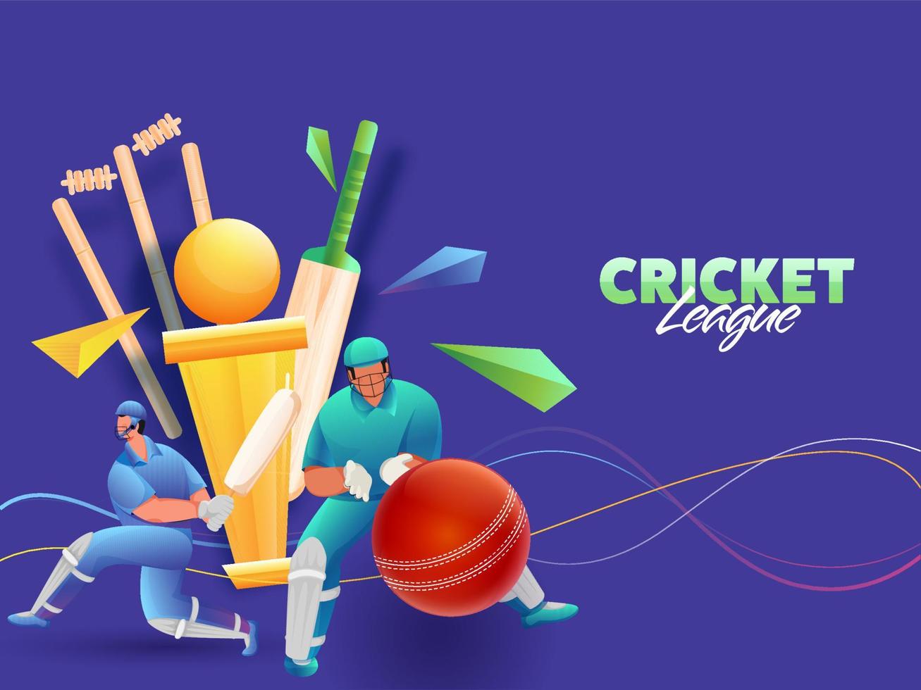 cricket spelare karaktär med realistisk utrustning och gyllene trofén kopp på blå bakgrund. vektor