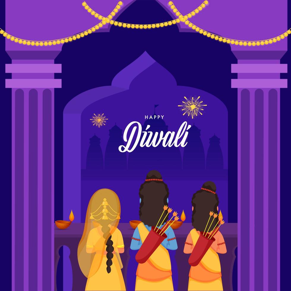 glücklich Diwali Feier Hintergrund mit zurück Aussicht von Herr Rama, seine Ehefrau sita und Bruder laxman Charakter. vektor