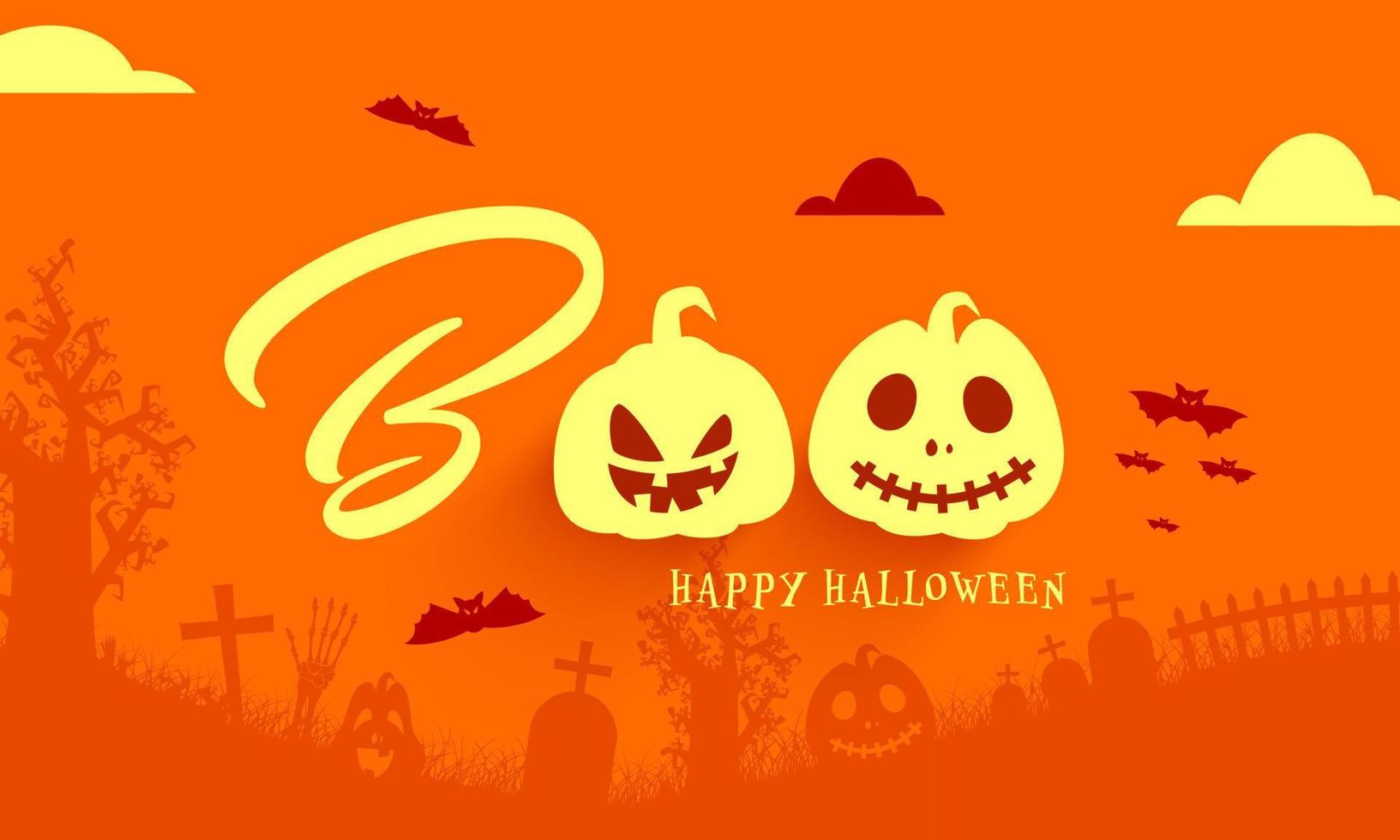 bua Lycklig halloween text med läskigt pumpor och flygande fladdermöss på orange kyrkogård bakgrund. vektor