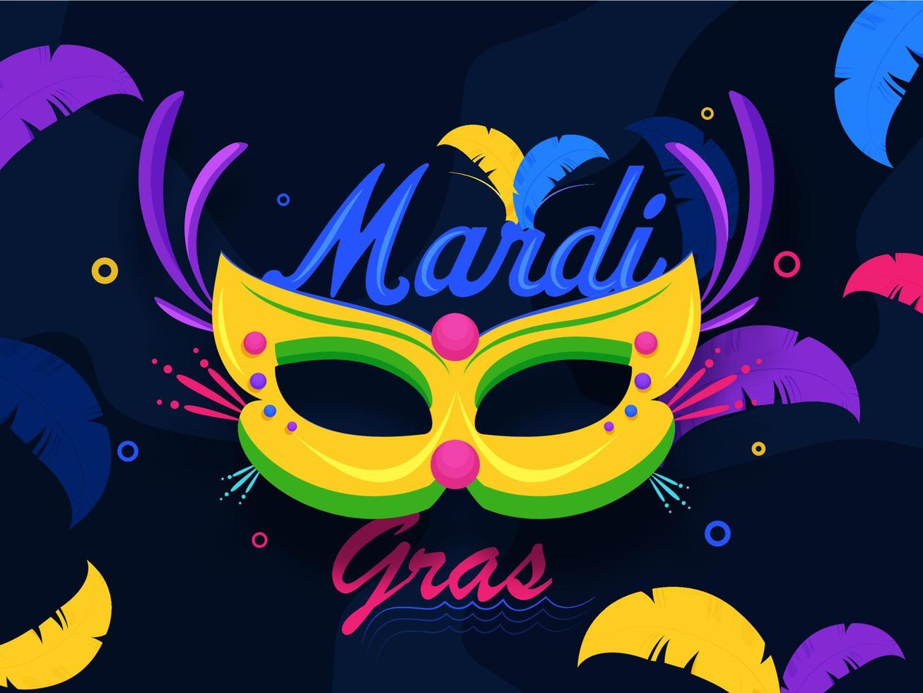 Kalligraphie Karneval gras Text mit Party Maske und bunt Feder dekoriert auf Blau abstrakt Hintergrund. vektor