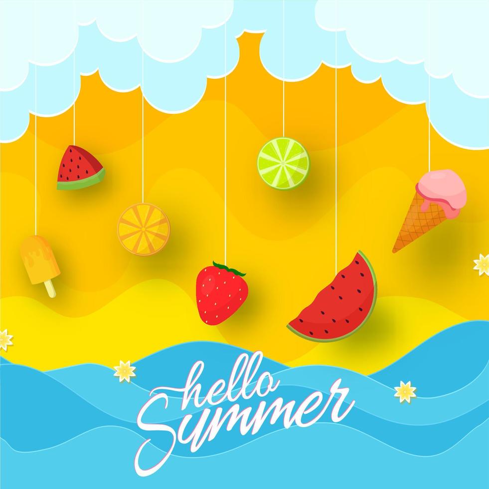 Hallo Sommer- Schriftart mit hängend Früchte und Eis Cremes auf Papier Schnitt Wolken und Wellen Hintergrund. vektor