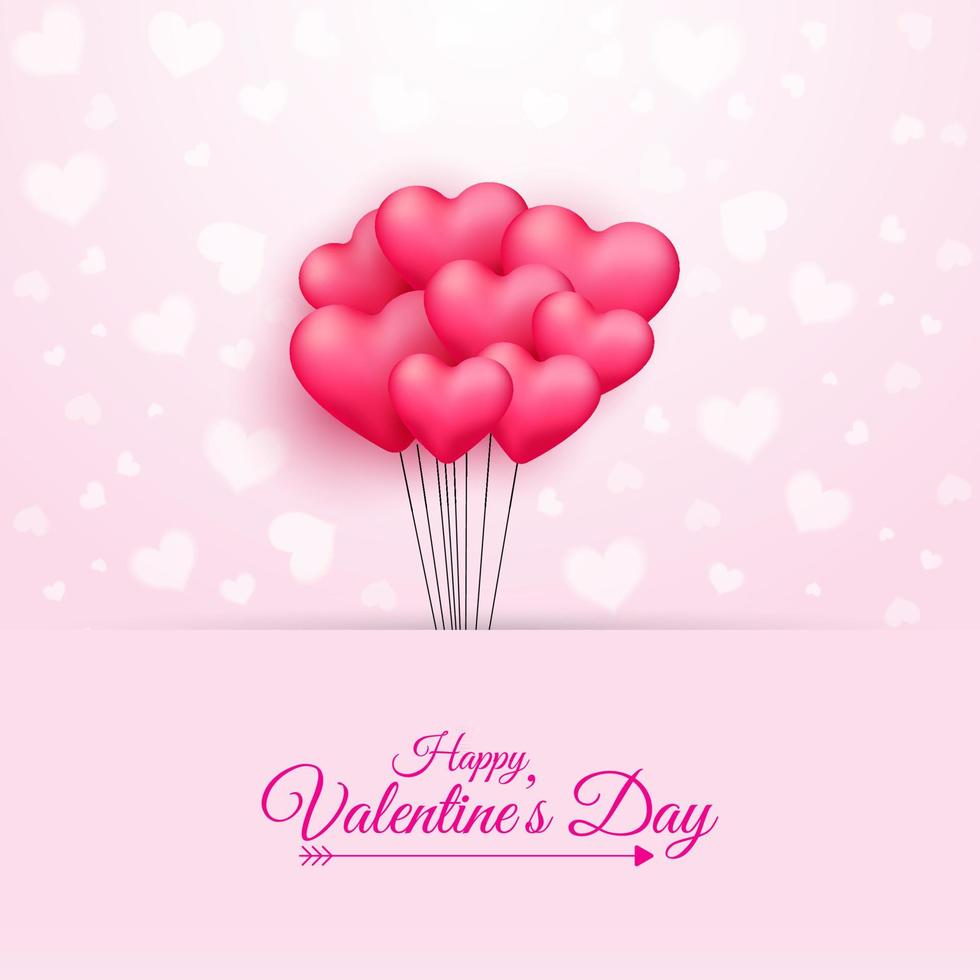 kalligrafi Lycklig hjärtans dag text och knippa av rosa hjärta formad ballonger på rosa bakgrund. vektor