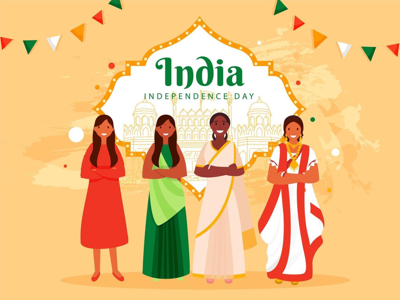 Indien oberoende dag affisch design med annorlunda religion kvinna grupp och linje konst känd belöningar på pastell orange bakgrund. vektor