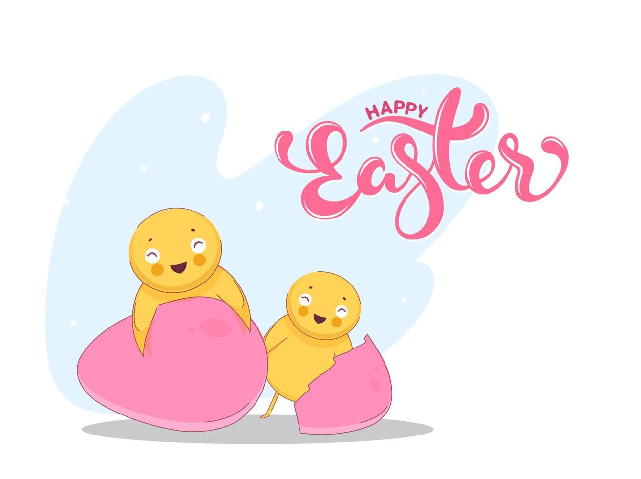 glücklich Ostern Schriftart mit süß Küken und Eier auf Weiß Hintergrund. vektor