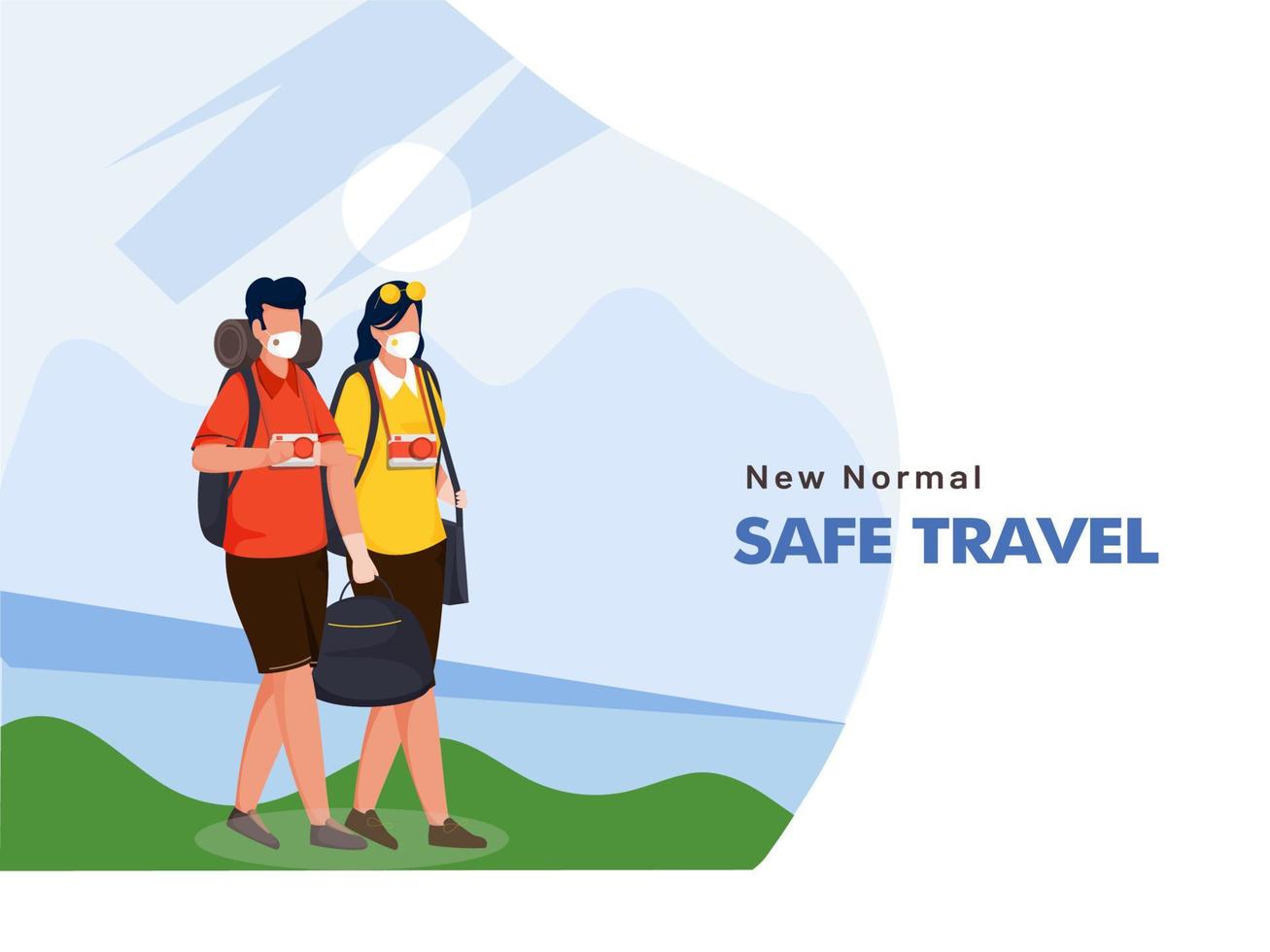 tecknad serie turist man och kvinna ha på sig skyddande masker med påsar och kamera på blå och vit bakgrund för ny vanligt säker resa. vektor