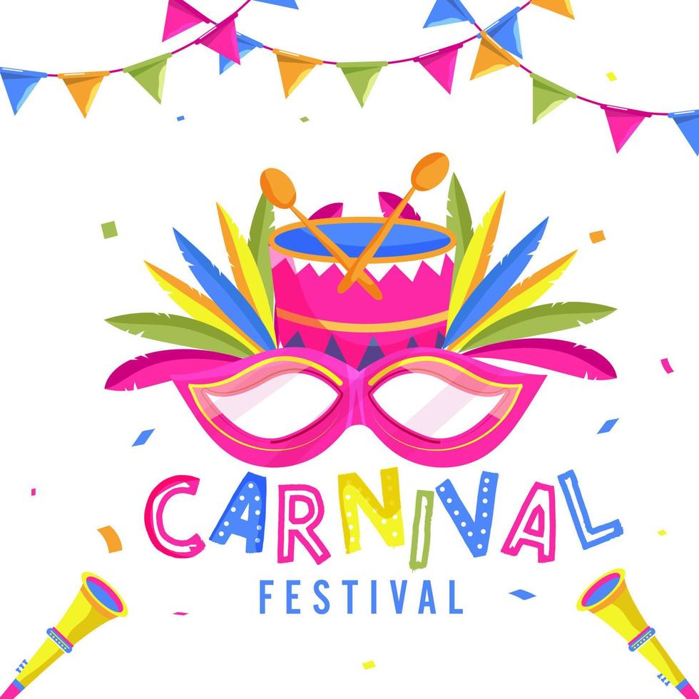 bunt Karneval Festival Text mit Party Maske, Feder, Vuvuzela, Trommel Instrument und Ammer Flaggen dekoriert auf Weiß Hintergrund. vektor