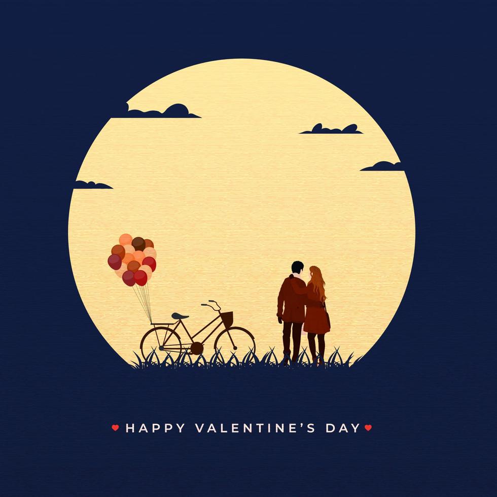 tillbaka se av ung älskare par tillsammans med cykel, ballong knippa och cykel på gul och blå textur bakgrund för Lycklig hjärtans dag. vektor