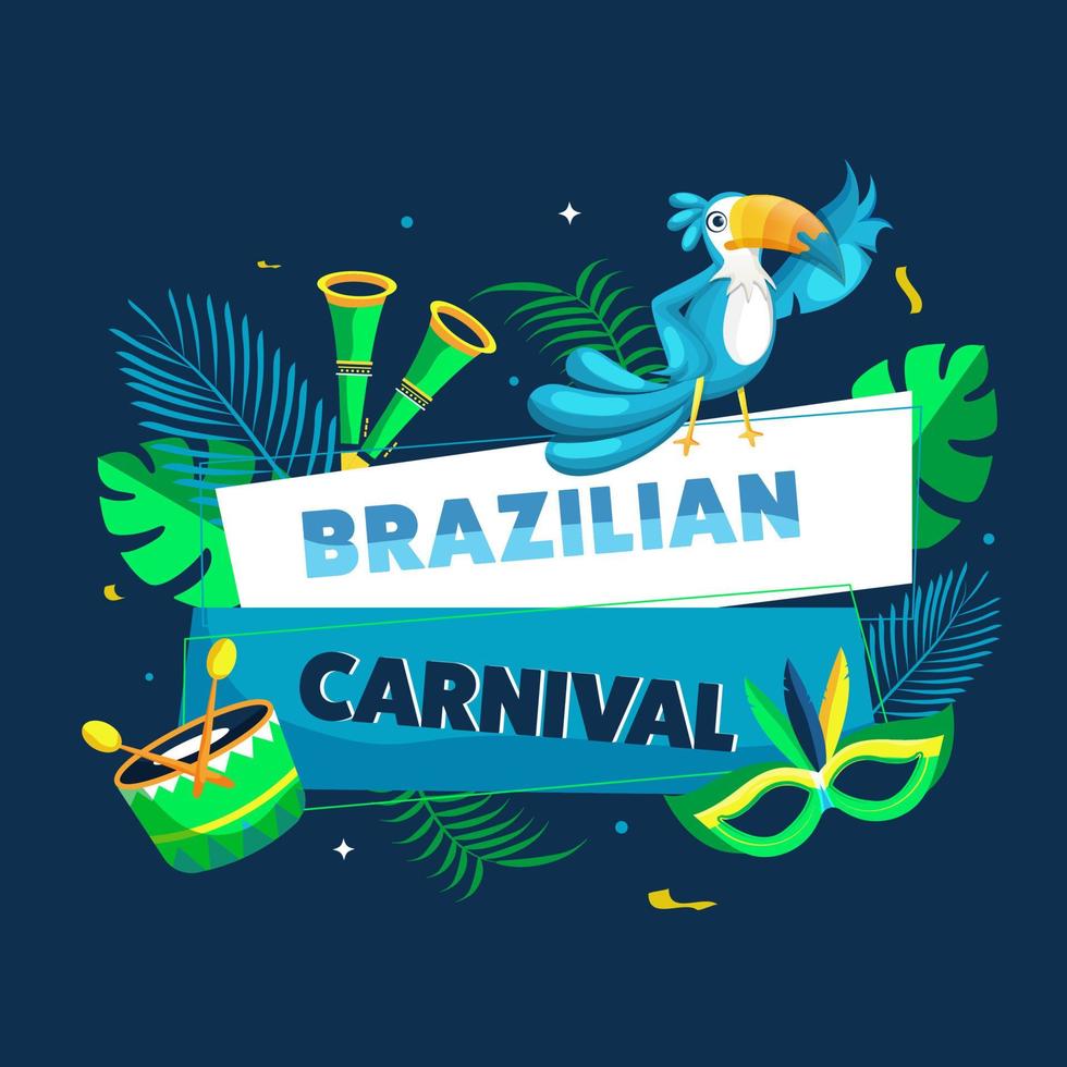 brasiliansk karneval text med toucan fågel, fest mask, vuvuzela, trumma instrument och tropisk löv dekorerad på blå bakgrund. vektor